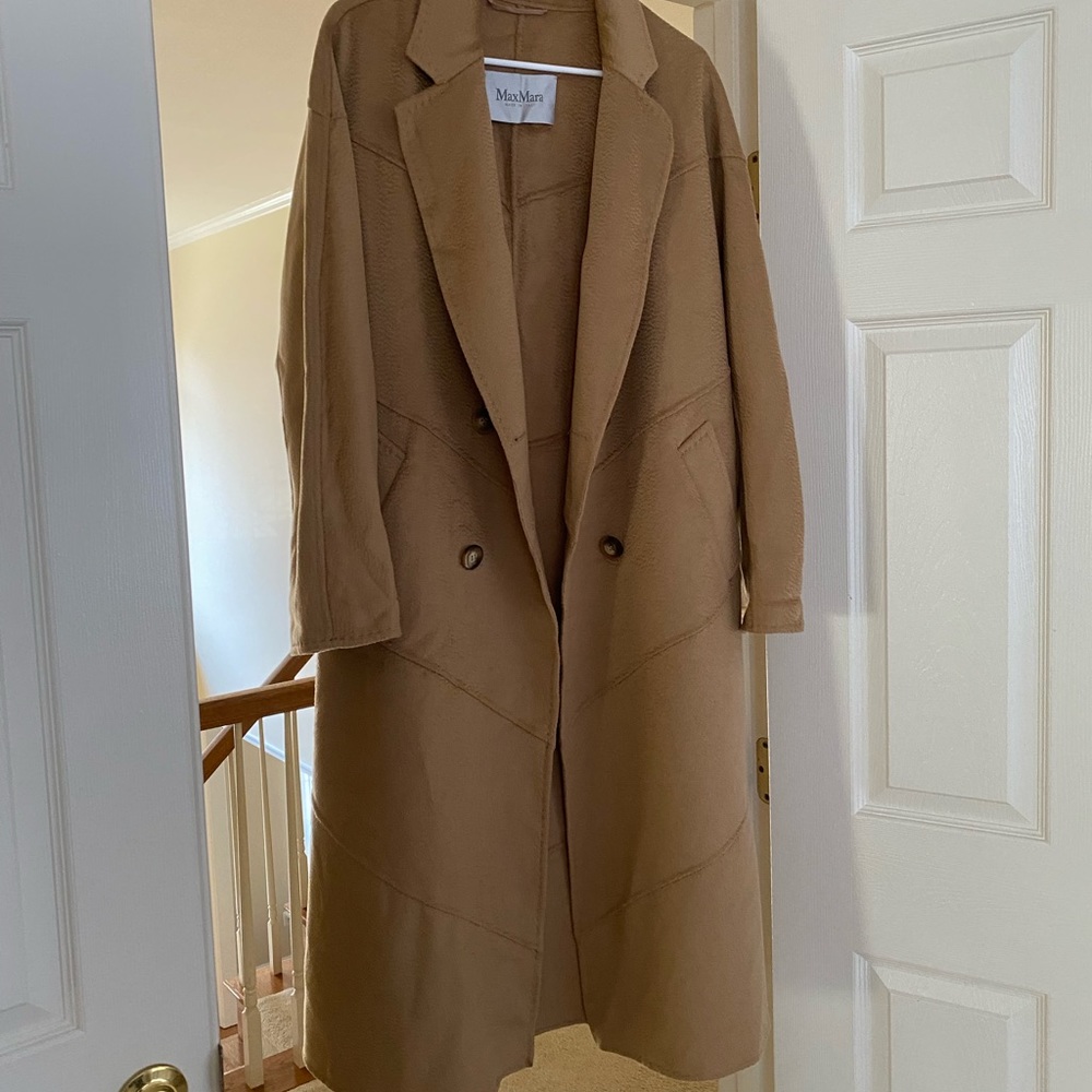 Max Mara Italy brown beige wool cashmere and silk coat jacket oversized size 6